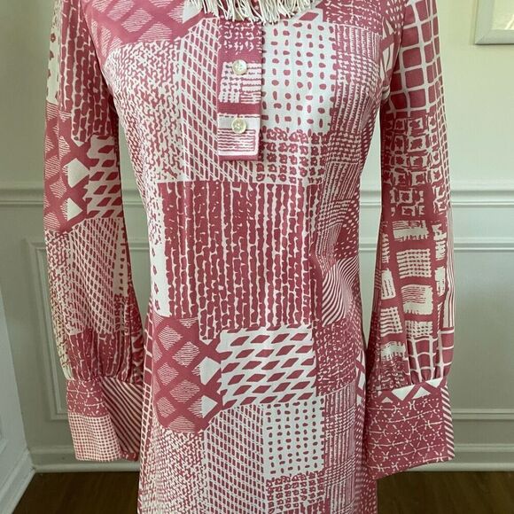 Vintage 70s Mauve Pink White Retro Print Shift Dress Scarf XS S - Picture 5 of 10